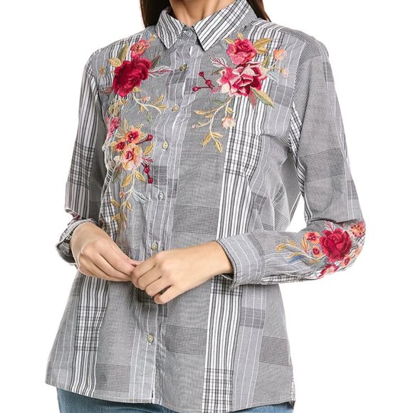 Johnny Was Tops Johnny Was Plaid Sonya Button Up Shirt Top Black